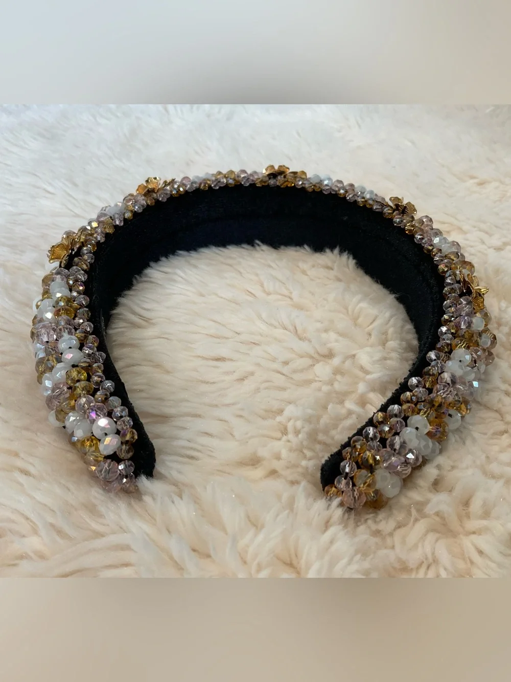 Beaded Black Headband with Gold Floral Accents
